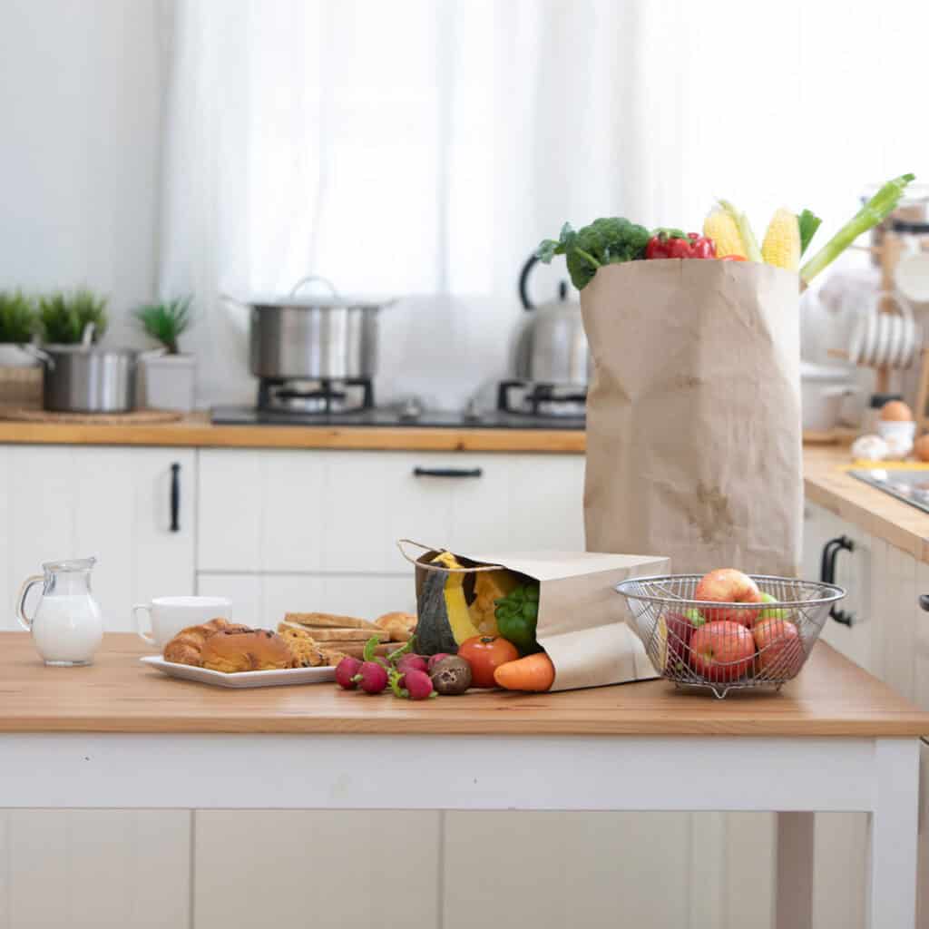 kitchen with groceries on island
