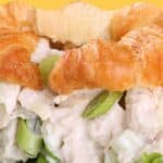 collage of chicken salad on sandwich with recipe name overlay